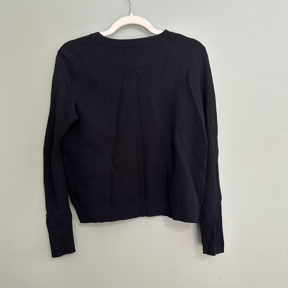 Aleeza Paris Sweater Women Medium Black Ribbed Sleeve Gold Button Cuff Crewneck - Picture 4 of 12